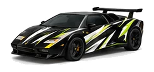 Lamborghini Countach in Nero Noctis with contrasting black, white and lime angular vinyl graphics, front three-quarter view on a white background.