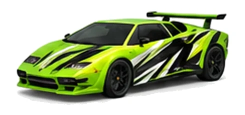 Lamborghini Countach in Verde Mantis with contrasting black, white and lime angular vinyl graphics, front three-quarter view on a white background.