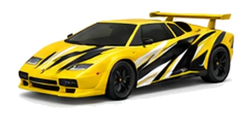 Lamborghini Countach in Giallo Inti with contrasting black, white and lime angular vinyl graphics, front three-quarter view on a white background.