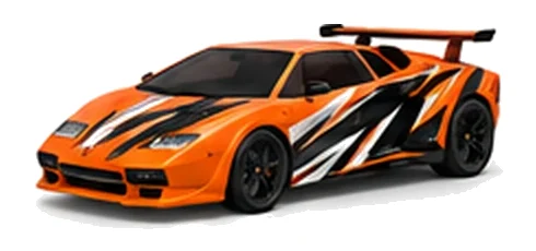 Lamborghini Countach in Arancio Borealis with contrasting black, white and lime angular vinyl graphics, front three-quarter view on a white background.