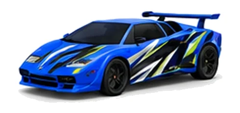 Lamborghini Countach in Blu Eleos with contrasting black, white and lime angular vinyl graphics, front three-quarter view on a white background.
