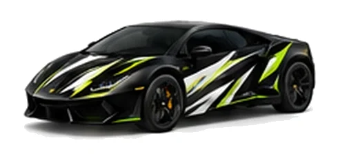 Lamborghini Gallardo in Nero Noctis with contrasting black, white and lime angular vinyl graphics, front three-quarter view on a white background.