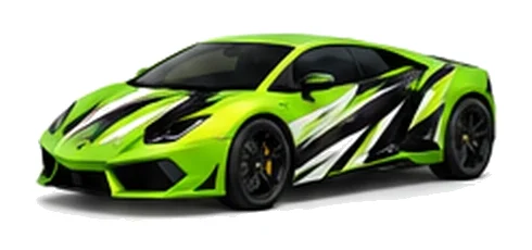 Lamborghini Gallardo in Verde Mantis with contrasting black, white and lime angular vinyl graphics, front three-quarter view on a white background.