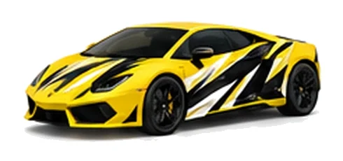 Lamborghini Gallardo in Giallo Inti with contrasting black, white and lime angular vinyl graphics, front three-quarter view on a white background.