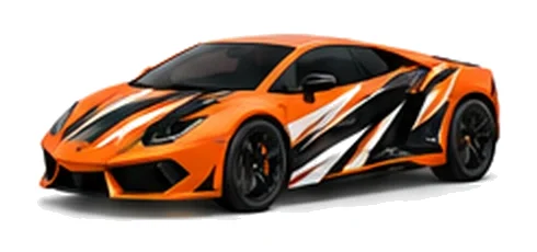Lamborghini Gallardo in Arancio Borealis with contrasting black, white and lime angular vinyl graphics, front three-quarter view on a white background.