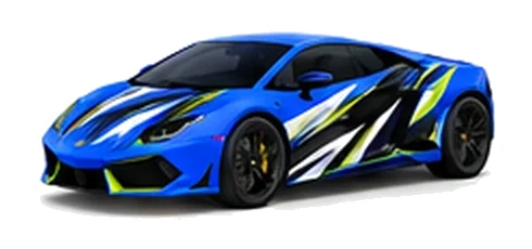 Lamborghini Gallardo in Blu Eleos with contrasting black, white and lime angular vinyl graphics, front three-quarter view on a white background.