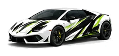 Lamborghini Huracan in Bianco Monocerus with contrasting black, white and lime angular vinyl graphics, front three-quarter view on a white background.