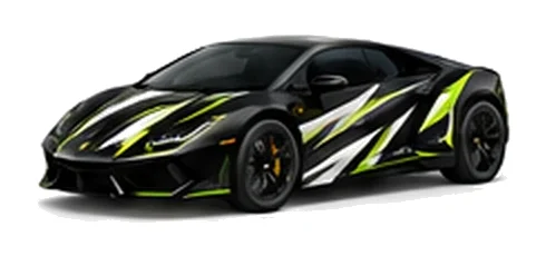 Lamborghini Huracan in Nero Noctis with contrasting black, white and lime angular vinyl graphics, front three-quarter view on a white background.