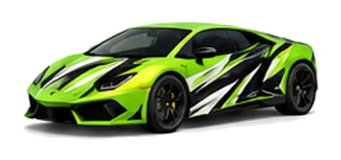 Lamborghini Huracan in Verde Mantis with contrasting black, white and lime angular vinyl graphics, front three-quarter view on a white background.