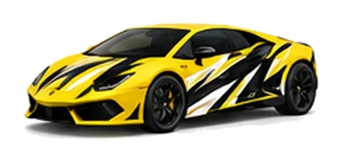 Lamborghini Huracan in Giallo Inti with contrasting black, white and lime angular vinyl graphics, front three-quarter view on a white background.
