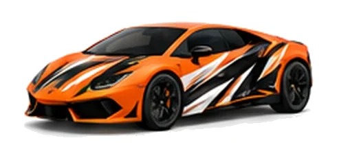 Lamborghini Huracan in Arancio Borealis with contrasting black, white and lime angular vinyl graphics, front three-quarter view on a white background.