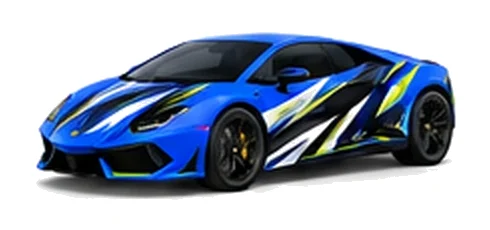 Lamborghini Huracan in Blu Eleos with contrasting black, white and lime angular vinyl graphics, front three-quarter view on a white background.