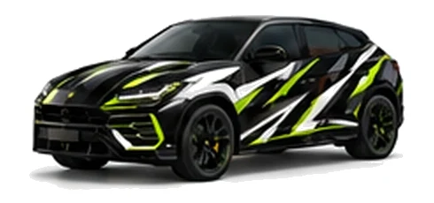 Lamborghini Urus in Nero Noctis with contrasting black, white and lime angular vinyl graphics, front three-quarter view on a white background.