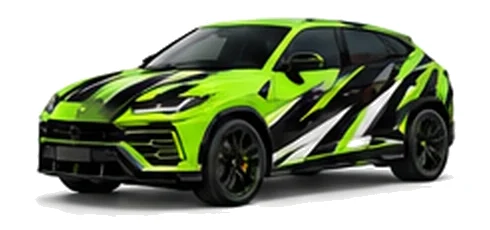 Lamborghini Urus in Verde Mantis with contrasting black, white and lime angular vinyl graphics, front three-quarter view on a white background.
