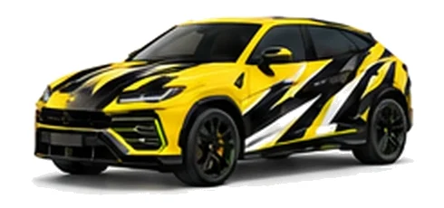 Lamborghini Urus in Giallo Inti with contrasting black, white and lime angular vinyl graphics, front three-quarter view on a white background.