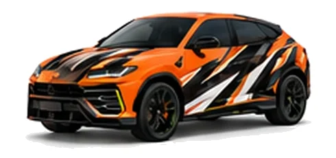 Lamborghini Urus in Arancio Borealis with contrasting black, white and lime angular vinyl graphics, front three-quarter view on a white background.