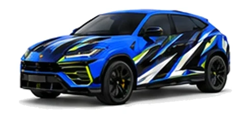 Lamborghini Urus in Blu Eleos with contrasting black, white and lime angular vinyl graphics, front three-quarter view on a white background.