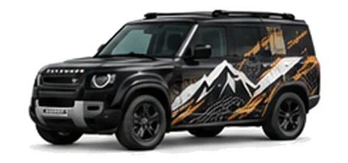Land Rover Defender 110 in Santorini Black with mountain and contour-inspired vinyl side graphics, front three-quarter view on a white background.