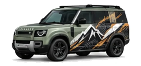 Land Rover Defender 110 in Pangea Green with mountain and contour-inspired vinyl side graphics, front three-quarter view on a white background.
