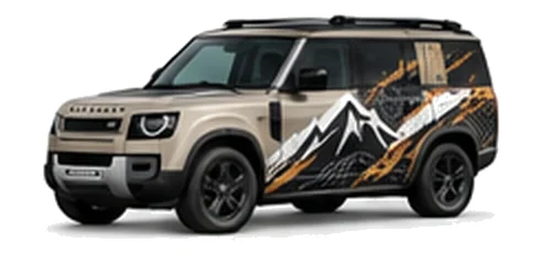Land Rover Defender 110 in Gondwana Stone with mountain and contour-inspired vinyl side graphics, front three-quarter view on a white background.