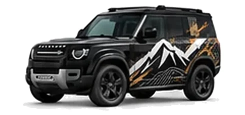Land Rover Defender 90 in Santorini Black with mountain and contour-inspired vinyl side graphics, front three-quarter view on a white background.