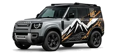 Land Rover Defender 90 in Eiger Grey with mountain and contour-inspired vinyl side graphics, front three-quarter view on a white background.