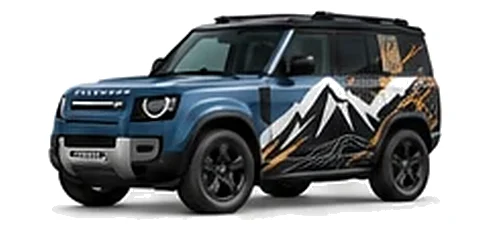 Land Rover Defender 90 in Tasman Blue with mountain and contour-inspired vinyl side graphics, front three-quarter view on a white background.
