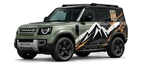 Land Rover Defender 90 in Pangea Green with mountain and contour-inspired vinyl side graphics, front three-quarter view on a white background.