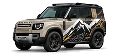 Land Rover Defender 90 in Gondwana Stone with mountain and contour-inspired vinyl side graphics, front three-quarter view on a white background.