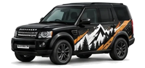 Land Rover Discovery 4 in Santorini Black with mountain and contour-inspired vinyl side graphics, front three-quarter view on a white background.