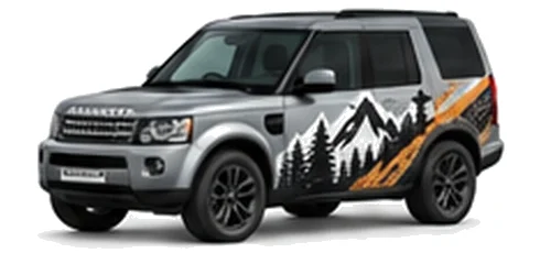 Land Rover Discovery 4 in Eiger Grey with mountain and contour-inspired vinyl side graphics, front three-quarter view on a white background.