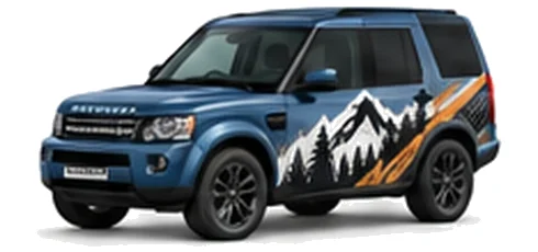 Land Rover Discovery 4 in Tasman Blue with mountain and contour-inspired vinyl side graphics, front three-quarter view on a white background.