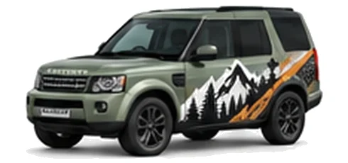 Land Rover Discovery 4 in Pangea Green with mountain and contour-inspired vinyl side graphics, front three-quarter view on a white background.