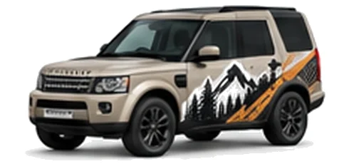Land Rover Discovery 4 in Gondwana Stone with mountain and contour-inspired vinyl side graphics, front three-quarter view on a white background.