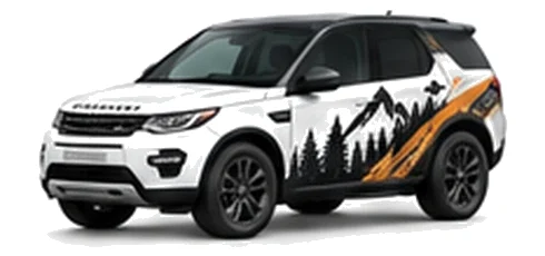 Land Rover Discovery Sport in Fuji White with mountain and contour-inspired vinyl side graphics, front three-quarter view on a white background.