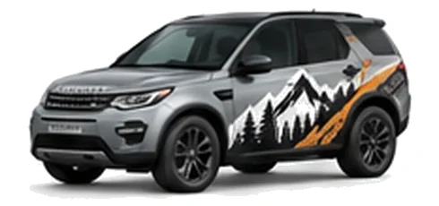 Land Rover Discovery Sport in Eiger Grey with mountain and contour-inspired vinyl side graphics, front three-quarter view on a white background.