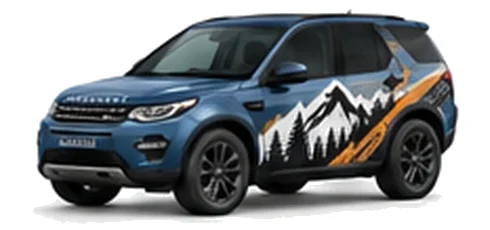 Land Rover Discovery Sport in Tasman Blue with mountain and contour-inspired vinyl side graphics, front three-quarter view on a white background.