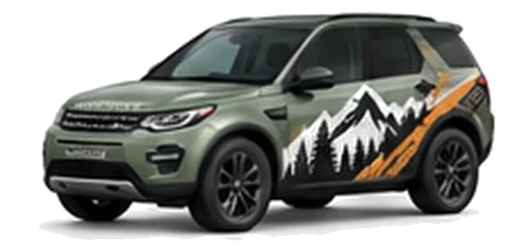 Land Rover Discovery Sport in Pangea Green with mountain and contour-inspired vinyl side graphics, front three-quarter view on a white background.