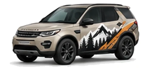 Land Rover Discovery Sport in Gondwana Stone with mountain and contour-inspired vinyl side graphics, front three-quarter view on a white background.