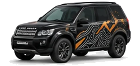 Land Rover Freelander in Santorini Black with mountain and contour-inspired vinyl side graphics, front three-quarter view on a white background.