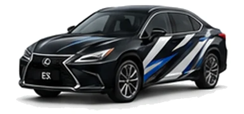 Lexus ES in Graphite Black with black, white, grey and blue angular vinyl side graphics, front three-quarter view on a white background.