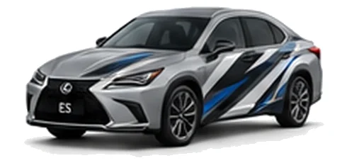 Lexus ES in Sonic Titanium with black, white, grey and blue angular vinyl side graphics, front three-quarter view on a white background.