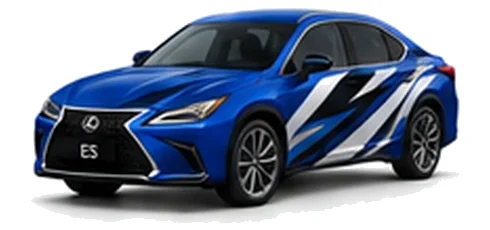 Lexus ES in Azure Blue with black, white, grey and blue angular vinyl side graphics, front three-quarter view on a white background.