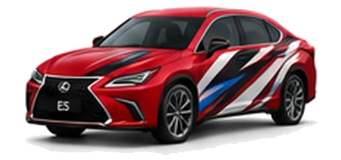 Lexus ES in Sonic Red with black, white, grey and blue angular vinyl side graphics, front three-quarter view on a white background.
