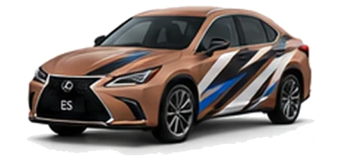 Lexus ES in Sonic Copper with black, white, grey and blue angular vinyl side graphics, front three-quarter view on a white background.