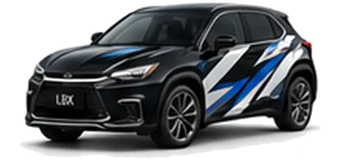 Lexus LBX in Graphite Black with black, white, grey and blue angular vinyl side graphics, front three-quarter view on a white background.