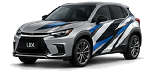 Lexus LBX in Sonic Titanium with black, white, grey and blue angular vinyl side graphics, front three-quarter view on a white background.