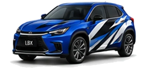 Lexus LBX in Azure Blue with black, white, grey and blue angular vinyl side graphics, front three-quarter view on a white background.