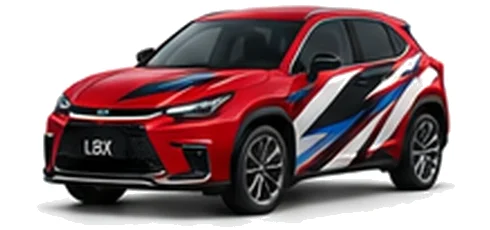 Lexus LBX in Sonic Red with black, white, grey and blue angular vinyl side graphics, front three-quarter view on a white background.