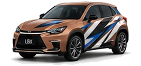Lexus LBX in Sonic Copper with black, white, grey and blue angular vinyl side graphics, front three-quarter view on a white background.